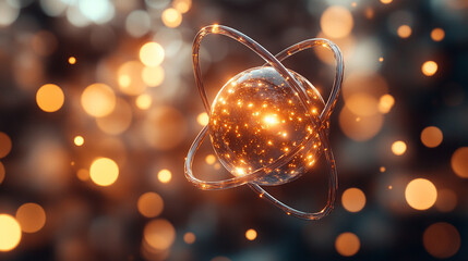 A futuristic depiction of atomic structure with electrons orbiting the nucleus symbolizing quantum mechanics concepts minimalistic bright tone modern blurred empty caption space on the side
