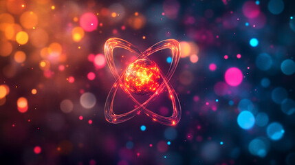 A futuristic depiction of atomic structure with electrons orbiting the nucleus symbolizing quantum mechanics concepts minimalistic bright tone modern blurred empty caption space on the side