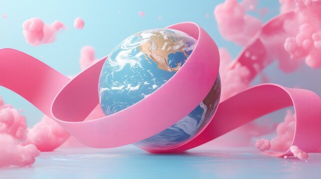 Pink ribbon encircling Earth globe, pastel background.