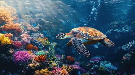 Sea turtle swims over a colorful coral reef in sunlight.