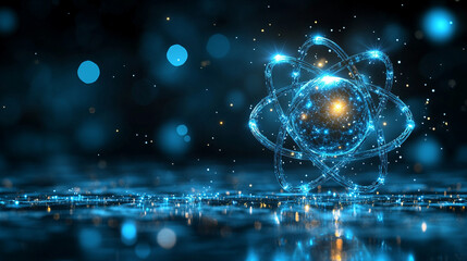 A futuristic depiction of atomic structure with electrons orbiting the nucleus symbolizing quantum mechanics concepts minimalistic bright tone modern blurred empty caption space on the side