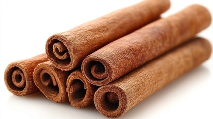 Aromatic cinnamon sticks on white background.