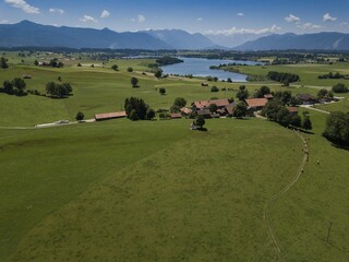 Aerial view, Riegsee and Ammergau Alps, Blue Land, Alpine foothills, Bavaria, Germany, Europe