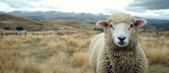 Fototapeta premium Sheep looks directly at the camera in a field with mountains behind.
