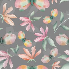 Magnolia flowers and moths on grey background watercolor painting, seamless repeat pattern © Elisabeth Cölfen/imageBROKER