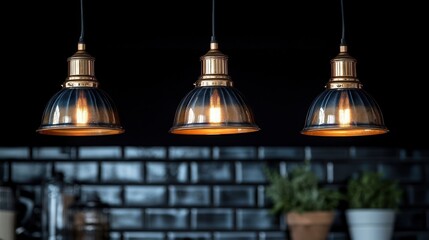 Obraz premium Dark kitchen, three pendant lights, brick wall, plants