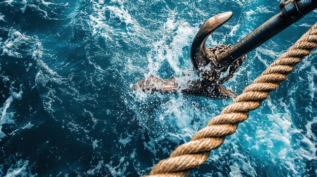 Ship anchor splashing into deep blue ocean water.