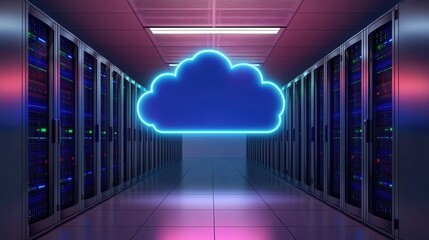 Data center with illuminated cloud symbol