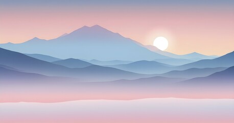 Obraz premium Illustration of a cold winter sunrise, represented by a minimalist gradient of soft pastel pinks and blues over a smooth, snow-covered horizon, AI generated
