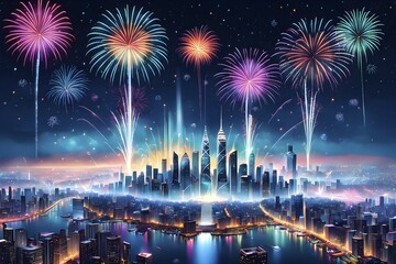 Wallpaper illustration of a cityscape on New Year's Eve, with glowing skyscrapers and floating holographic fireworks, blending a sense of festive atmosphere, AI generated