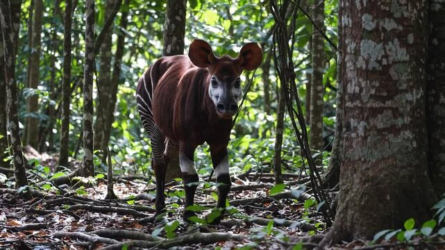 A solitary okapi wandering through a lush Congo rainforest, dappled light reflecting off its striped hindquarters.

