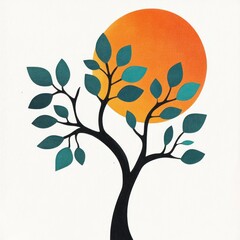 Stylized Tree Silhouette Against Orange Sun