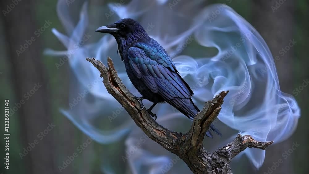 Poster a regal black raven perched on an ancient branch, its feathers subtly illuminated by arcane symbols 