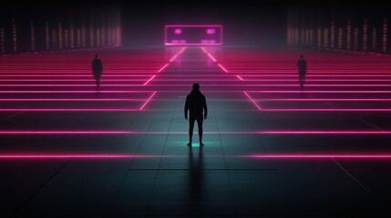 Mysterious figures in a neon-lit environment.