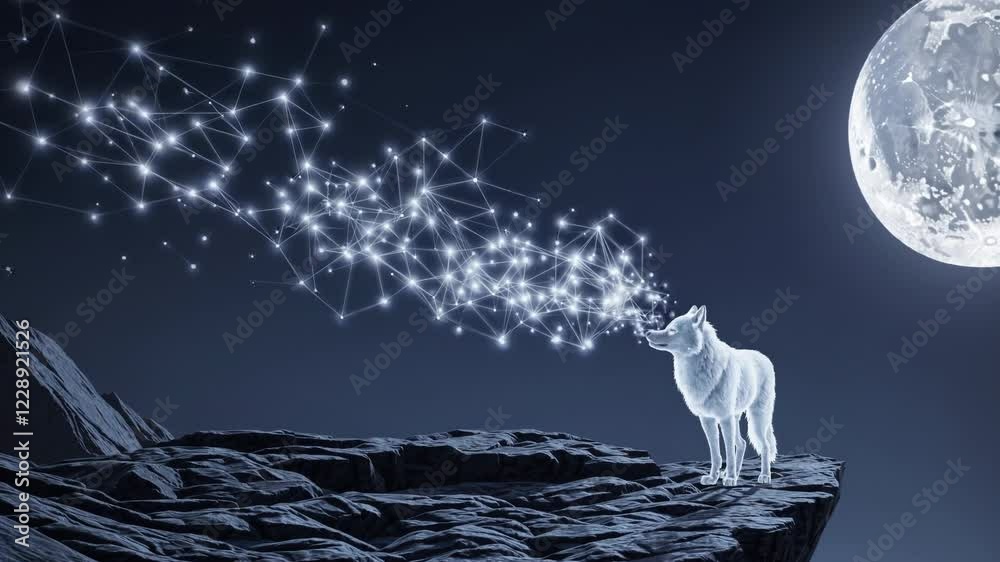 Poster a ghostly wolf standing on a rugged cliff, exhaling mist that sparkles with hidden constellations ag