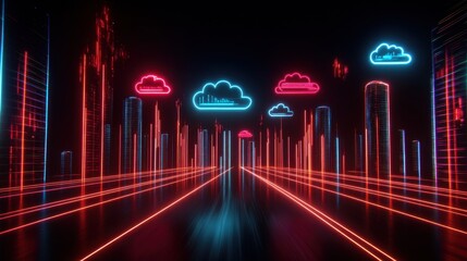 Futuristic neon cityscape with digital clouds.