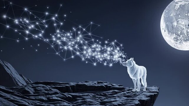 A ghostly wolf standing on a rugged cliff, exhaling mist that sparkles with hidden constellations against the faint glow of the moon.
