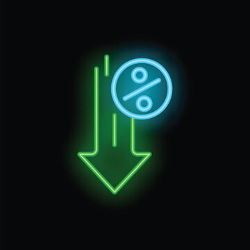 Neon sign representing the concept of interest rate decreasing with a green down arrow and a blue percentage symbol