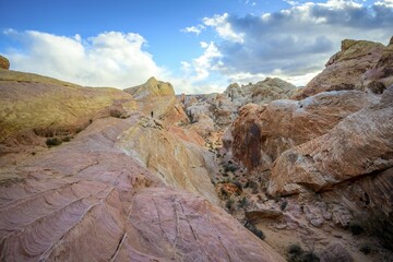 Colorful, Red Orange Rock Formations, Sandstone Rock, Hiking Trail, White Dome Trail, Valley of Fire State Park, Mojave Desert, Nevada, USA, North America