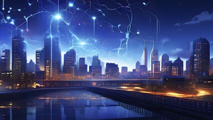 Ai generated conceptual illustration of a neuronal network with city skyline in the background in blue colors, AI generated