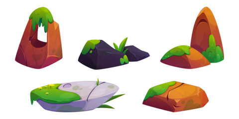 Mossy rock collection with cartoon landscape elements for game environment. Stone shapes covered with green vegetation in various formations - arch, cave, cliff and platform. Fantasy terrain assets.