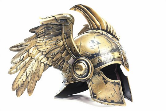 Golden Norse mythology Valkyrie helmet on white bakcground. KI generiert, generiert, AI generated