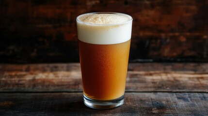 Cold beer with frothy foam served in a pint glass, photographed against a dark wooden background