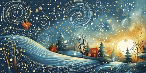 Obraz premium Festive illustration with swirling lines and sparkling textures to represent the joy and excitement of Christmas time, AI generated