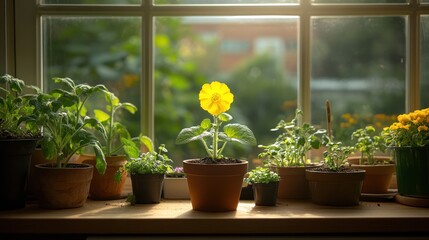 Fototapeta premium Yellow flower in pot on window sill with other plants.