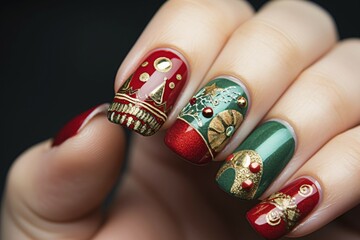Woman's fingernails with festive green, red and golden Christmas nail art. KI generiert, generiert AI generated