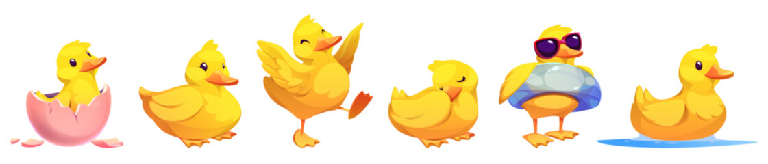 Yellow duckling characters - newborn in pink eggshell, dancing baby bird, swimming duck on water, sleeping and sitting, cool in sunglasses and inflatable ring. Cute cartoon childish mascot set.