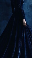A glamorous fashion poster with a deep navy velvet gown, highlighted by dramatic shadows and rich textures.