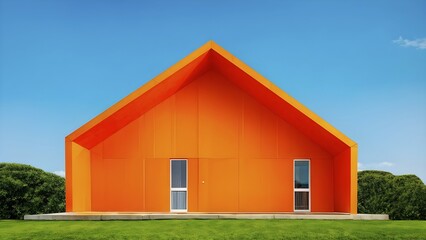 Obraz premium AI generated vibrant tangerine hued paper house in front of blue sky