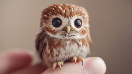 Obraz premium A miniature owl, no larger than a thumb, resting on a person's fingertip