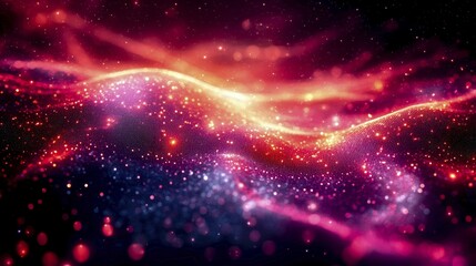Vibrant digital artwork depicting glowing waves in red and pink hues, set against a dark backdrop with sparkling particles, creating a lively atmosphere, AI generated