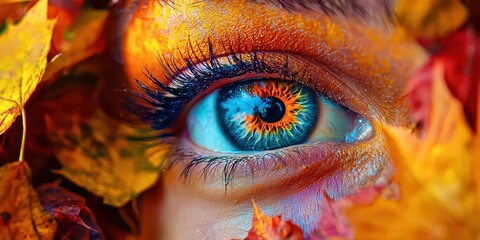 Woman's eye is painted with a rainbow of colors