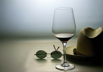 Still life, red wine, sunglasses, hat