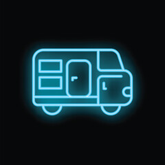 Fototapeta premium Blue neon sign depicting a camper van, illuminating the dark with its vibrant glow