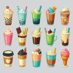 various cold beverages collection including iced coffee, smoothies, and milkshakes
