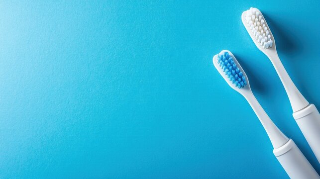 Two toothbrushes on blue background with copy space.