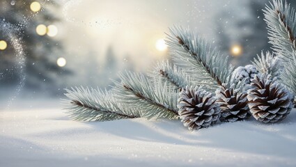 A fir branch covered in frost with pine cones. The background is blurred and suggests a wintry forest with glittering snowflakes. AI generated, AI generated, AI generated