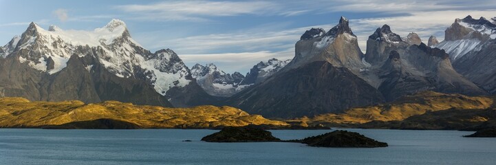 Mountain massif Cuernos del Paine at sunrise, glacial lake Lago Pehoe, National Park Torres del...