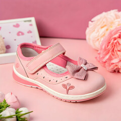 Adorable Steps: Children's Shoe Displayed on a Soft Pink Background"