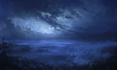 Fototapeta premium Painting of a foggy night sky with low-lying stratus clouds AI generated