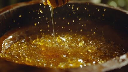 Golden honey is stirred in a traditional clay pot during a sunny afternoon in a local apiary making honey for the community