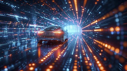 Obraz premium Conceptual representation of the digital world in abstract beauty. A futuristic car drives along a digital road. AI generated, AI generated, AI generated, AI generated