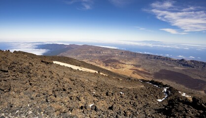 View from Pico del Teide on the caldera, the Macizo de Anaga mountains, behind Gran Canaria,...