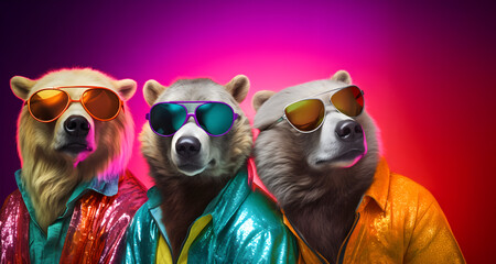 Fototapeta premium Creative animal concept. Group gang of bear in sparkly rock punk neon bright colour outfit, copy text space. commercial, editorial advertisement party invitation invite 