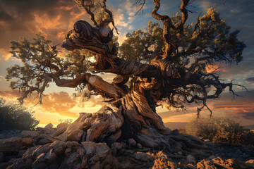 Eternal Sentinel: Majestic and Ancient Tree Bathed in the Warm Glow of Sunset - A Testament of Time and Resilience