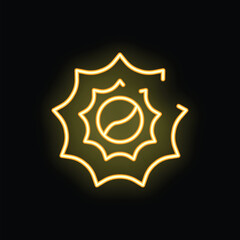 Bright yellow neon icon of a sun shining with eight rays of light on a black background